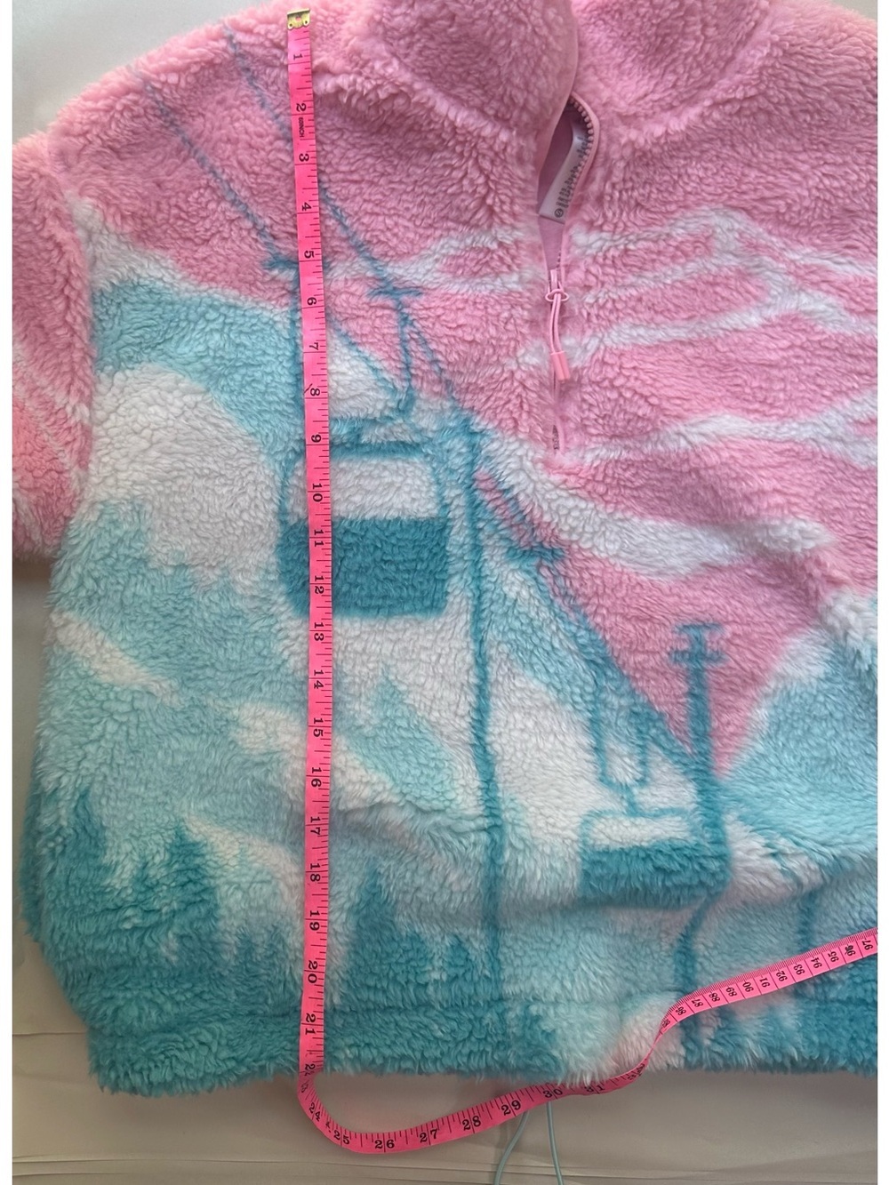 Beach Riot Leona Slopes Sherpa 1/4 Zip Pullover Pink Blue Ski Print Small EUC! - Picture 10 of 10